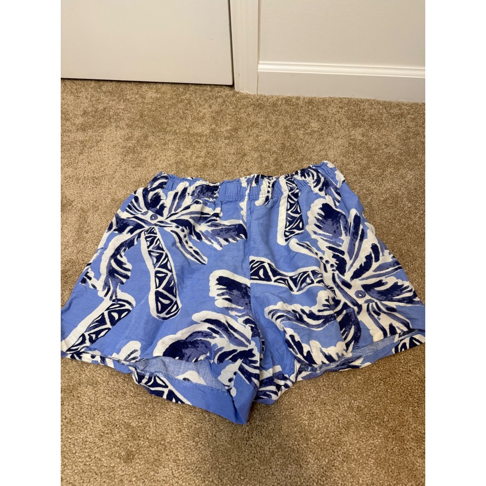 H&M Shorts Women Large Blue Excellent Linen Blend Tropical Palm Tree Print